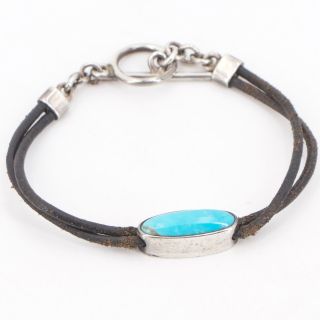 Vtg Sterling Silver - Signed Turquoise Stone 7.  25 " Leather Cord Bracelet - 10.  5g