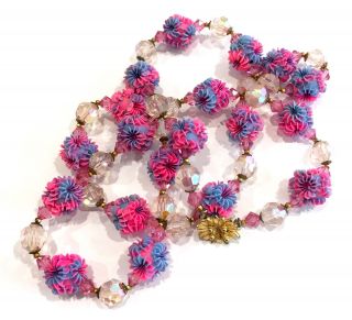 Hot Pink & Lavender Plastic Flower Cluster Ab Crystal Bead Necklace 1960 Vintage