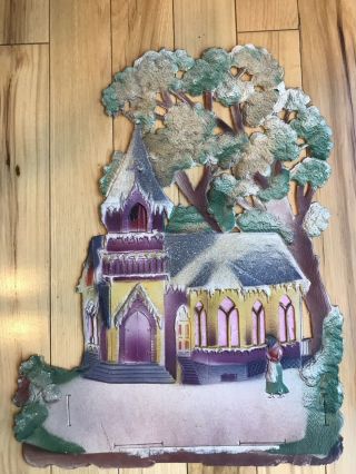 Calendar Top Embossed Die Cut Mica Glitter Snow Lady & Church In Forest Vintage