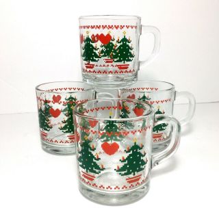 Anchor Hocking Christmas Tree & Hearts Glass Mug 1984 Chd Vintage Set Of 4