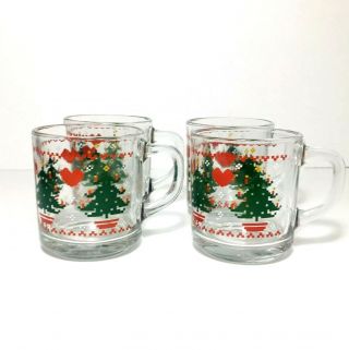 Anchor Hocking CHRISTMAS TREE & HEARTS Glass Mug 1984 CHD Vintage Set of 4 2