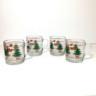 Anchor Hocking CHRISTMAS TREE & HEARTS Glass Mug 1984 CHD Vintage Set of 4 3