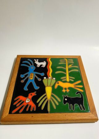 Vintage 1983 Santa Fe Art Tile Arius 8” Huichol Peyote Hunter