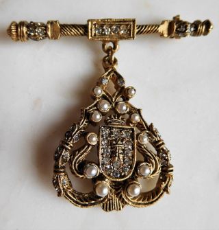 Vintage Signed Denicola Goldtone Royal Crest Rhinestone Faux Pearl Dangle Brooch