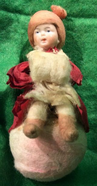 Antique German Cotton Batting And Crepe Paper Huebach Girl On Snowball Ornament