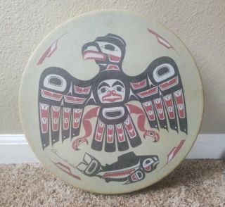 Vintage Haida Hand Drum Clarence A.  Wells Signed First Nations Eagle Fish 11 "