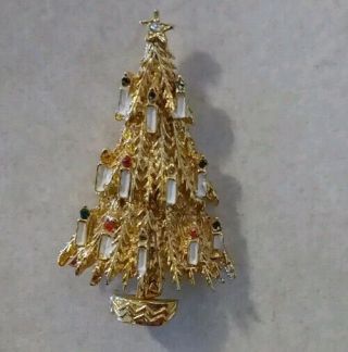 Vintage Brooch Pin Signed Art Christmas Tree Rhinestone Gold Tone Jewelry