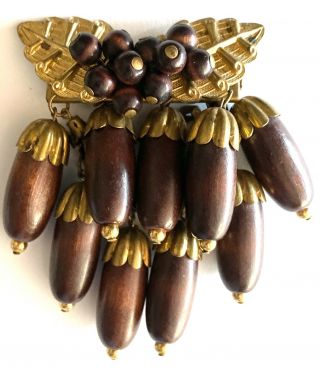 Large Vintage Wood And Brass Acorn Brooch