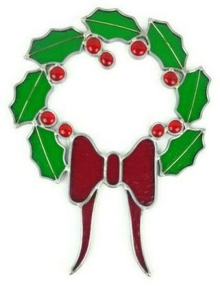 Vintage Stained Glass Window Hanging Christmas Holly & Berries Wreath
