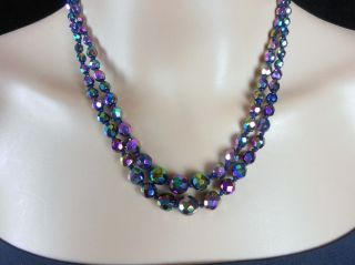 Vintage Carnival Glass Multi 2 Strand Bead Necklace Purple Green Iridescent