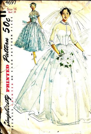 Vintage 1950s Simplicity 4697 Grace Kelly Wedding Bride Dress Pattern 34b Sz 16