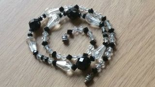Czech Vintage Art Deco Clear And Black Faceted Glass Bead Necklace On A Wire