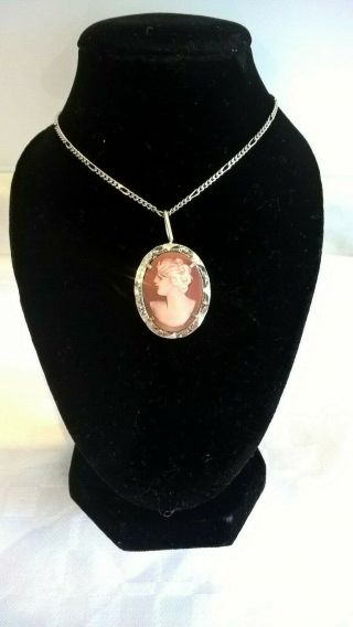 Vintage Sterling Silver 800 Cameo & Marcasite Pendant/brooch On 925 Silver Chain