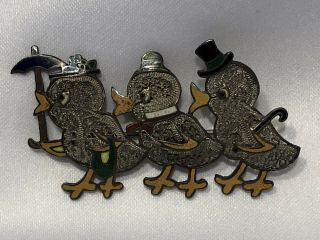 Vintage Art Deco Topazio Sterling Silver Enamel Filigee Ducks Brooch Portugal