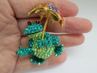 Vintage Signed Butler & Wilson Turquoise Green Crystal Frog & Brolly Brooch Pin