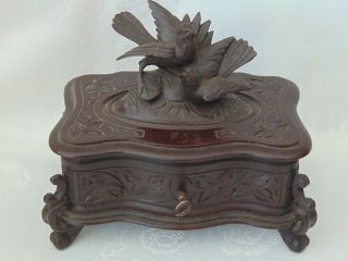 Antique French Black Forest Carved Wood Jewellery Box Case With Key