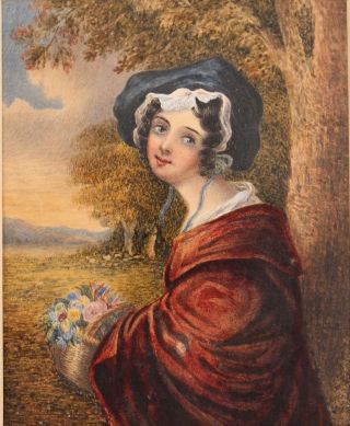 Antique 18thc Miniature Watercolor Portrait Painting Young Woman