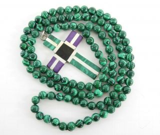 Vintage Taxco Cross Necklace Pendant Malachite Long Over Throw Inlay Onyx 36