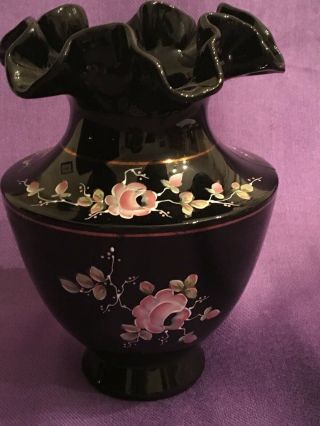 Vintage Fenton Black Glass Ruffled Lip Vase Hand Painted Roses.  Signed By D.  Hart