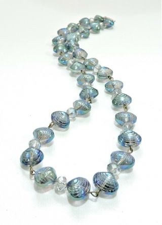 Vintage Blue Iridescent Shells Lampwork Art Glass Bead Necklace Se19419