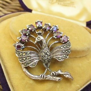 Lovely Vintage Art Deco Style Silver Marcasite Peacock Brooch