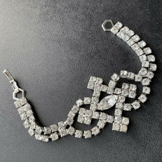 Vintage Geometric Flower Crystal Rhinestone Wedding Silver Tone Bracelet 131