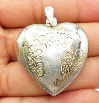 925 Silver - Vintage Floral Vine Etched Love Heart Locket Pendant (opens) - P6672