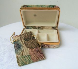 Vintage Floral Fabric Travel Jewelry Box Hinged Organizer Hard Case Small W/bag