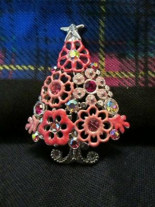 Vintage Pink Enamal Rhinestone Christmas Tree Pin Brooch