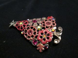 Vintage Pink Enamal Rhinestone Christmas Tree pin Brooch 2
