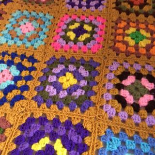 Handmade Vintage Crochet Granny Square Brown Mustard Afghan Knit Blanket 67”x60