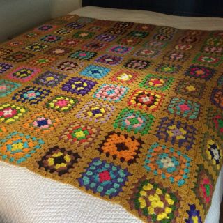 Handmade Vintage Crochet Granny Square Brown Mustard AFGHAN Knit Blanket 67”x60 2