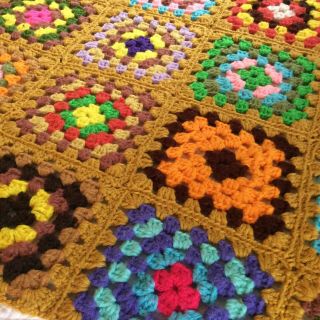 Handmade Vintage Crochet Granny Square Brown Mustard AFGHAN Knit Blanket 67”x60 3