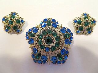 Vintage Signed Lisner Blue And Green Rhinestone Brooch Pin & Earring Set
