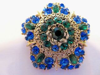 Vintage Signed Lisner Blue and Green Rhinestone Brooch Pin & Earring Set 2