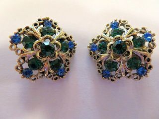 Vintage Signed Lisner Blue and Green Rhinestone Brooch Pin & Earring Set 3