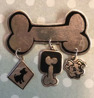 Vintage Sterling Silver Disney 101 Dalmatian Dogs Black Enamel Pin Brooch Bone