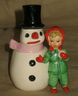 Vtg Relpo Girl & Snowman In Hat Planter/ Vase Ceramic Christmas Figurine Japan