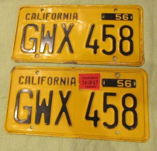 Vintage 1956 California License Plates Gwx 458 Yellow & Black Ones