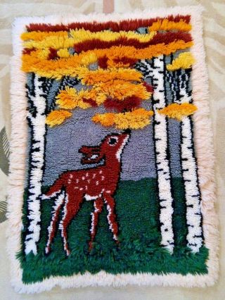 Vintage Fawn Deer In Woods With Birch Trees Latch Hook Rug - Completed - 38 X 28