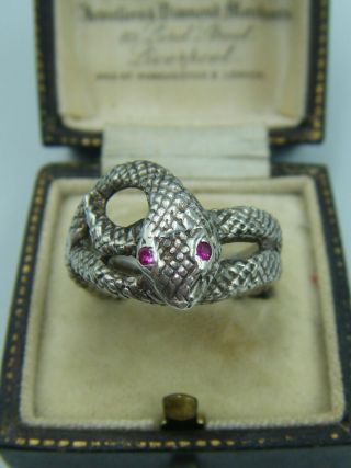 A Fully English Hallmarked Vintage Silver " Snake " Ring.  With Red Gem Set Eyes