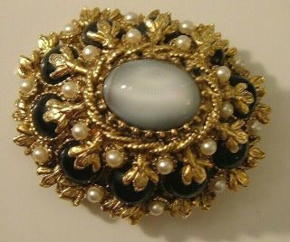 Vintage Chunky Brooch Black Grey Oval Stone Gold Renaissance Medieval Fleur Pin