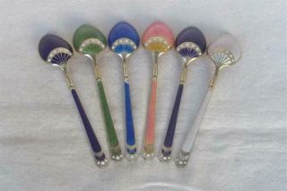 A Stunning Set Of Six Solid Sterling Silver & Enamel Norwegian Coffee Spoons.