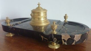 Antique French Empire Ormolu Bronze Inkwell With Marble Stand