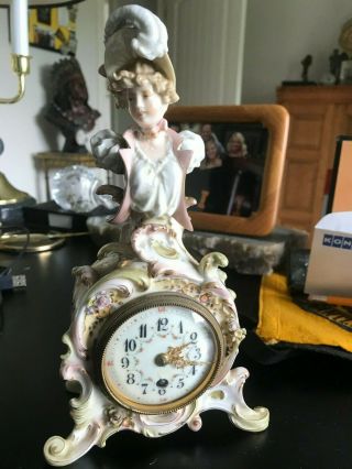 Old Antique Porcelain China Case Shelf Bust Mantle Hand Painted Clock French