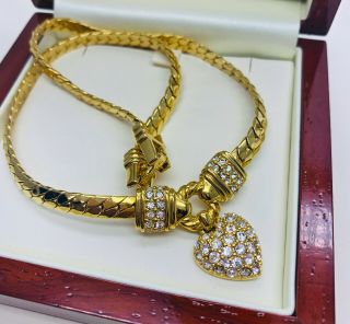 Vintage Jewellery Signed Swarovski Swan Logo Clear Crystal Heart Drop Necklace