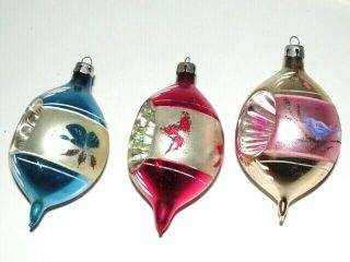 3 Vtg Christmas Ornaments Glass Teardrop Indent Poland Blue Pink 3 1/2 " Lx2 1/4 " D