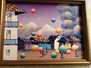 Framed Colorful Vintage Folk Art Painting Of A Village With Balloons Or Bubbles