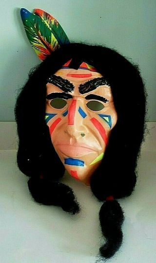 Vintage Ben Cooper Halloween Mask With Lifelike Hair 1960 - 70s Plastic Injun