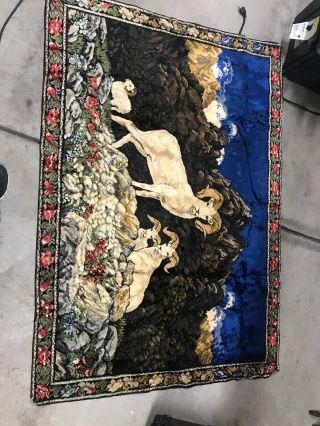 Vintage Italy Tapestry Rug Carpet Wall Hanging Big Horn Sheep Ram Art Textile